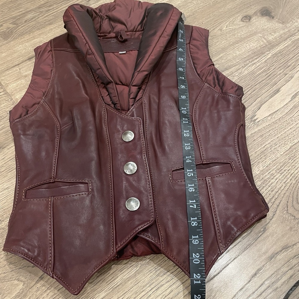 Vintage Western Leather Maroon Puffer Vest Women's XS Cowboy Ranch Boho 70's 80s - Picture 11 of 13